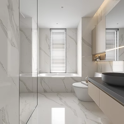 Modern Bathroom Interior With Marble Walls Bathtub Vanity Countertop Mirror And Window Blinds 3d model
