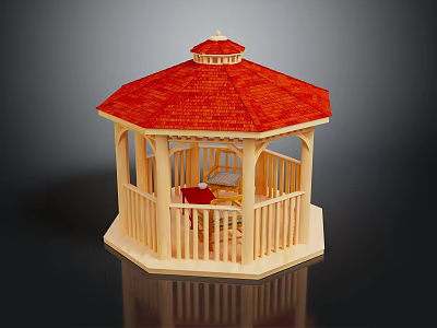 Detailed Wooden Octagonal Gazebo With Red Tiled Roof And Interior Table Chairs 3d model