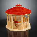 Detailed Wooden Octagonal Gazebo With Red Tiled Roof And Interior Table Chairs