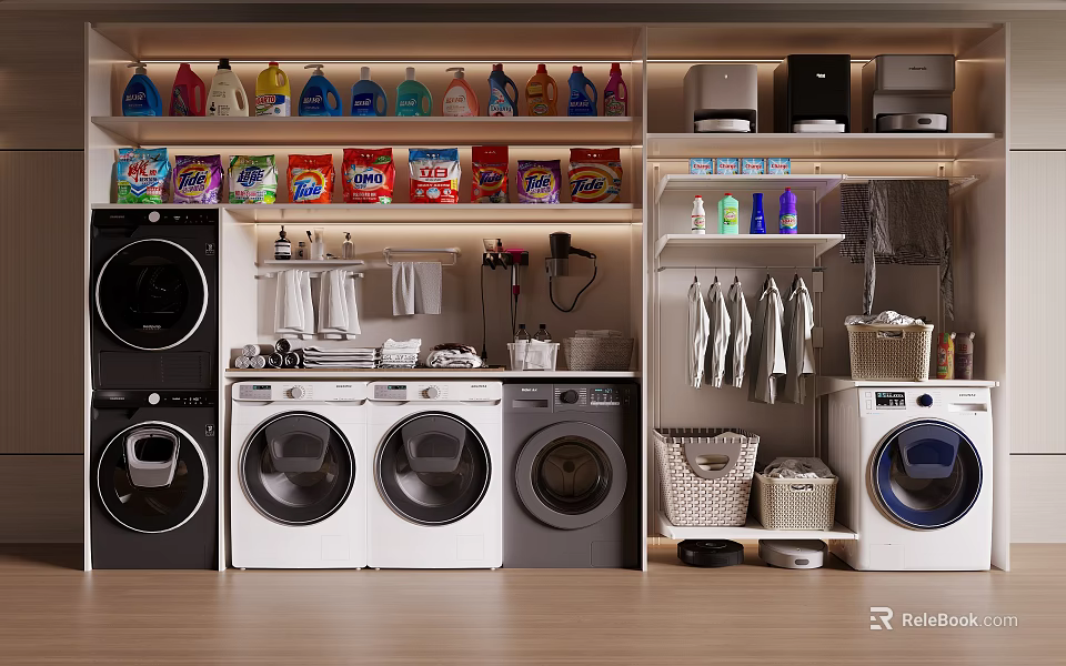 Laundry Cabinet Rack Displaying Washing Machines Dryers Detergent Bottles Hanging Clothes And Baskets 3d model 