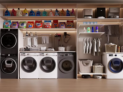 Laundry Cabinet Rack Displaying Washing Machines Dryers Detergent Bottles Hanging Clothes And Baskets 3d model