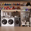 Laundry Cabinet Rack Displaying Washing Machines Dryers Detergent Bottles Hanging Clothes And Baskets