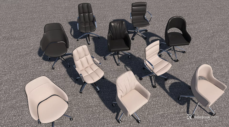 Various Styles Office Chairs in Black and Beige with Armrests and Wheels 3d model 