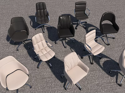 Various Styles Office Chairs in Black and Beige with Armrests and Wheels 3d model