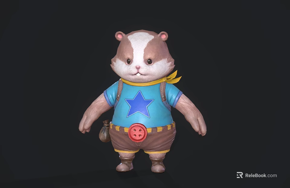 Cute Cartoon Beaver in Blue Star T-Shirt Yellow Scarf Brown Shorts Red Button Pouch 3d model 