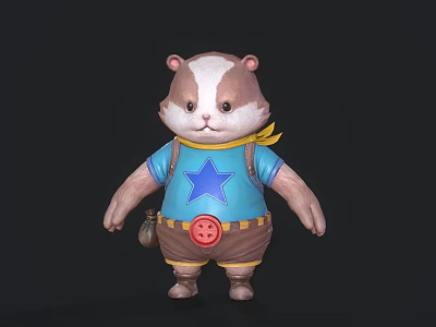 Cute Cartoon Beaver in Blue Star T-Shirt Yellow Scarf Brown Shorts Red Button Pouch 3d model