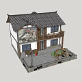 Chinese Style Two Story Detached Villa With Tile Roof Wooden Doors And Courtyard Lanterns