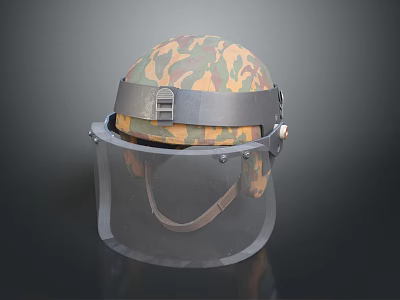 Camouflage Pattern Protective Helmet Featuring Transparent Face Shield And Adjustable Strap 3d model