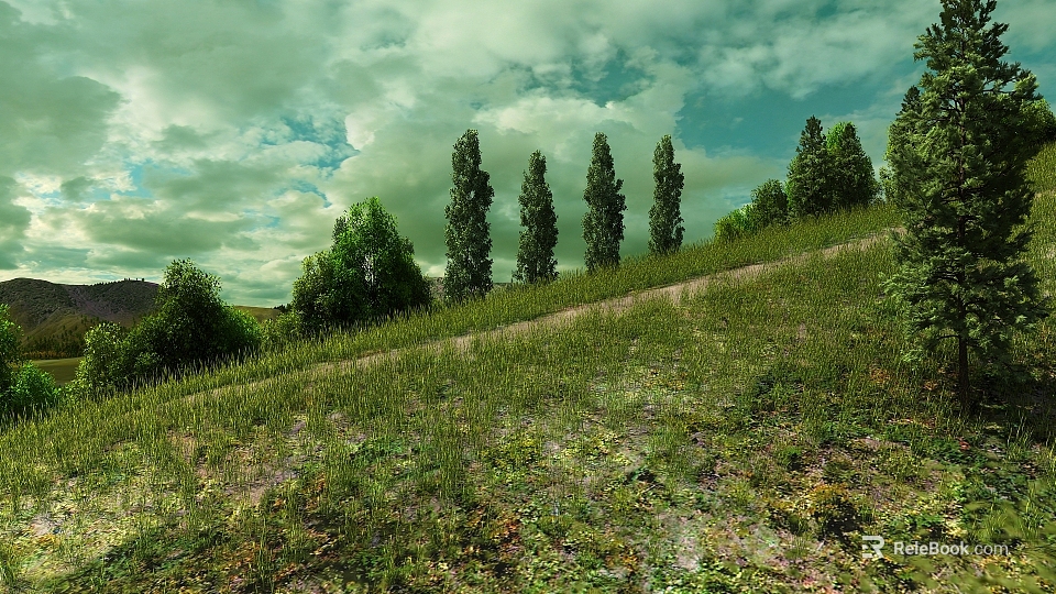 Scenic Green Hillside Landscape With Lush Grass Tall Trees And Cloudy Sky 3d model 