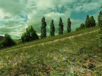 Scenic Green Hillside Landscape With Lush Grass Tall Trees And Cloudy Sky 3d model