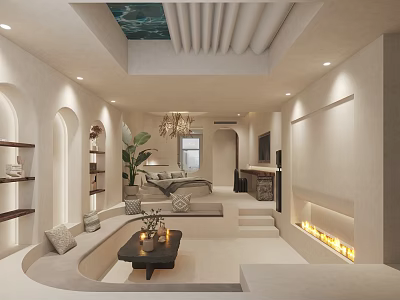 Elegant Modern Hotel Room Interior With Sofa Coffee Table Fireplace And Archway Plants 3d model