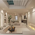 Elegant Modern Hotel Room Interior With Sofa Coffee Table Fireplace And Archway Plants