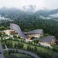 Modern Architectural Design Featuring Sloped Roofs Glass Windows And Lush Garden Greenery