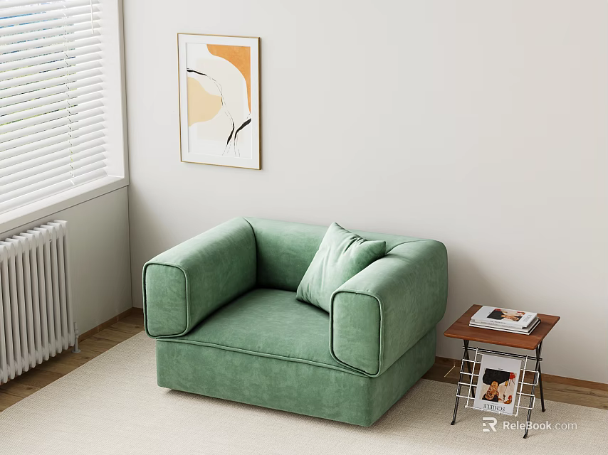 Light Green Single Sofa in Modern Interior with Side Table Magazines Wall Art and Window Blinds 3d model