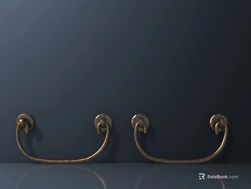 Two Golden Metal Curved Handles Mounted On Dark Wall For Home Decor 3d model 