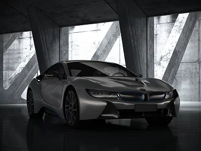 Silver BMW i8 Sports Car In Indoor Concrete Space With Large Windows And Geometric Pillars 3d model