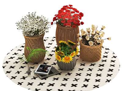 Decorative Woven Vases With Red Blooms White Daisies Yellow Sunflowers On Black White Tablecloth 3d model