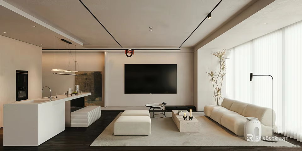 Modern Living and Dining Room With Open Layout Beige Sofa TV Wall and Green Plant 3d model 