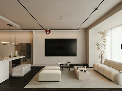 Modern Living and Dining Room With Open Layout Beige Sofa TV Wall and Green Plant 3d model