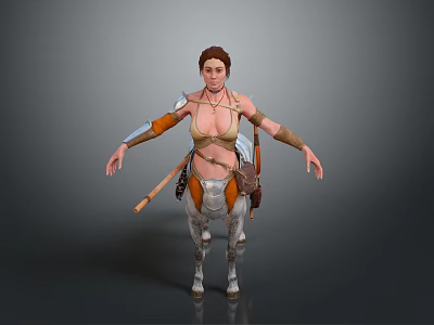 Female Centaur Mythical Creature With Leather Armor Metal Arm Guards Carrying Weapons Standing Arms Outstretched 3d model