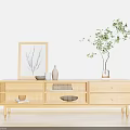 Wooden Minimalist TV Stand With Decorative Photo Frame And Plant Vase In Living Room