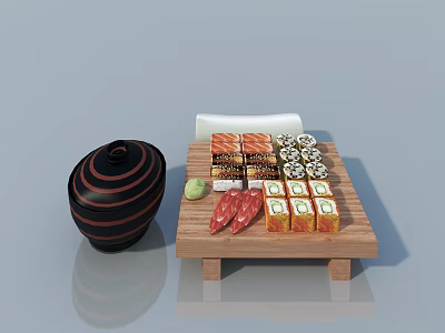 Assorted Fresh Sushi Platter With Salmon Rolls Tofu Squares And Striped Bowl On Wooden Tray 3d model