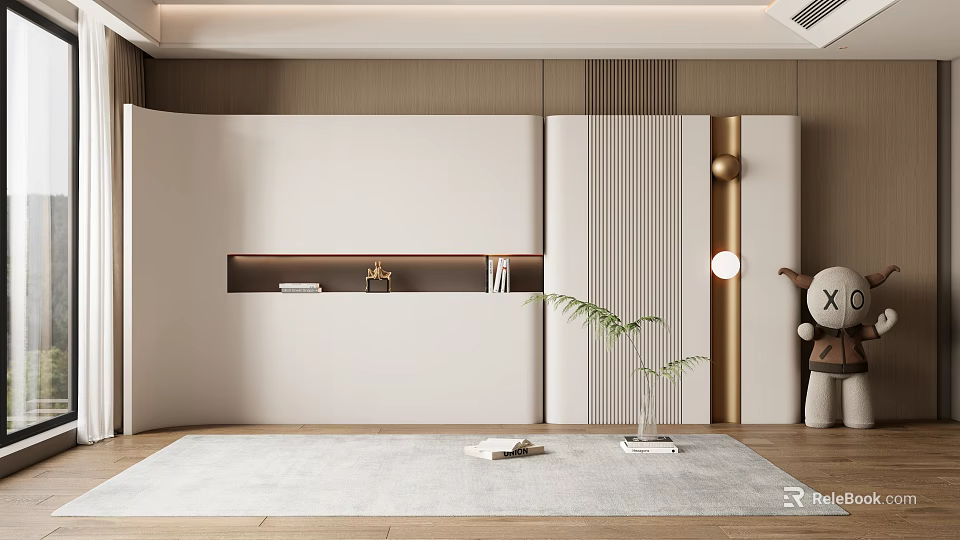 Modern Sofa Background Wall Design With Wooden Panels White Finish And Decorative Shelf 3d model 