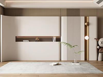 Modern Sofa Background Wall Design With Wooden Panels White Finish And Decorative Shelf 3d model