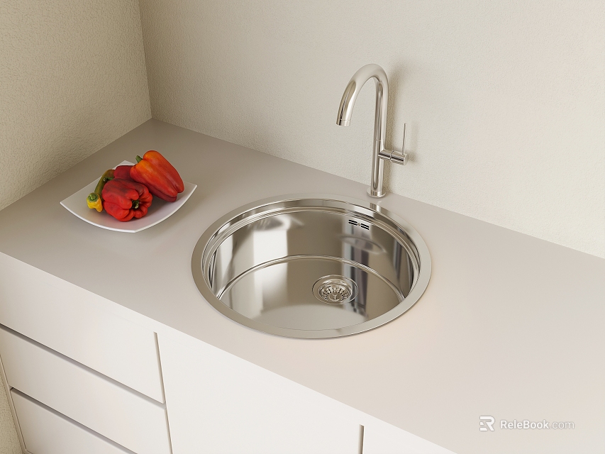 Modern Stainless Steel Kitchen Sink with Faucet and Red Peppers on Plate 3d model 