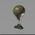 Green Car with Yellow Hot Air Balloon Suspended on Dark Reflective Surface