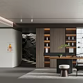 Modern Tea Room Interior Design With Wooden Shelves Glass Partition And Tea Sets