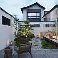 Japanese Style Courtyard Garden With Stone Path Pine Tree And Outdoor Lanterns