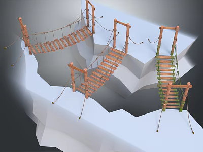 3D Canyon Terrain Model With Various Design Rope Bridges Wooden Planks Brown Green 3d model