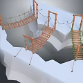 3D Canyon Terrain Model With Various Design Rope Bridges Wooden Planks Brown Green