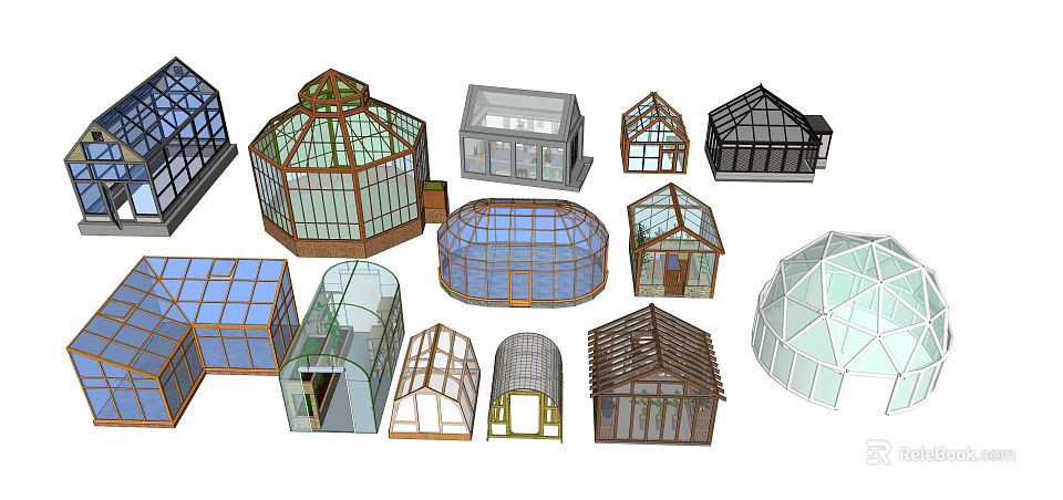 Various Types of Greenhouses with Different Designs and Glass Frame Structures 3d model 