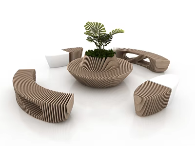 Modern Curved Wooden Outdoor Chairs With Striped Details Surrounding Central Plant 3d model