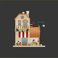 Cute Cartoon Scene With Small House Orange Roof BLOOM Sign Balcony Street Lamp And Flowers