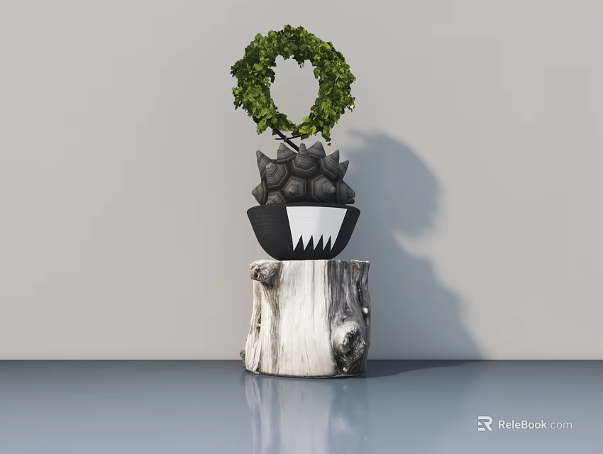 Indoor Bonsai Plant With Green Foliage On Tree Stump Base Black Pot White Tooth Pattern 3d model 