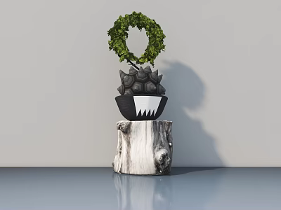 Indoor Bonsai Plant With Green Foliage On Tree Stump Base Black Pot White Tooth Pattern 3d model