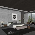 Modern Bedroom Interior With Concrete Walls Wooden Ceiling And Mountain View Through Windows