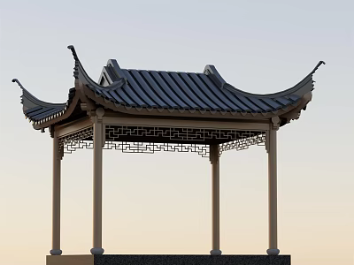 Traditional Chinese Garden Landscape With Classic Pavilion Black Tiled Roof Curved Eaves And Carved Railings 3d model
