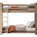 Modern Wooden Bunk Bed With Ladder Gray Bedding And Orange Blankets