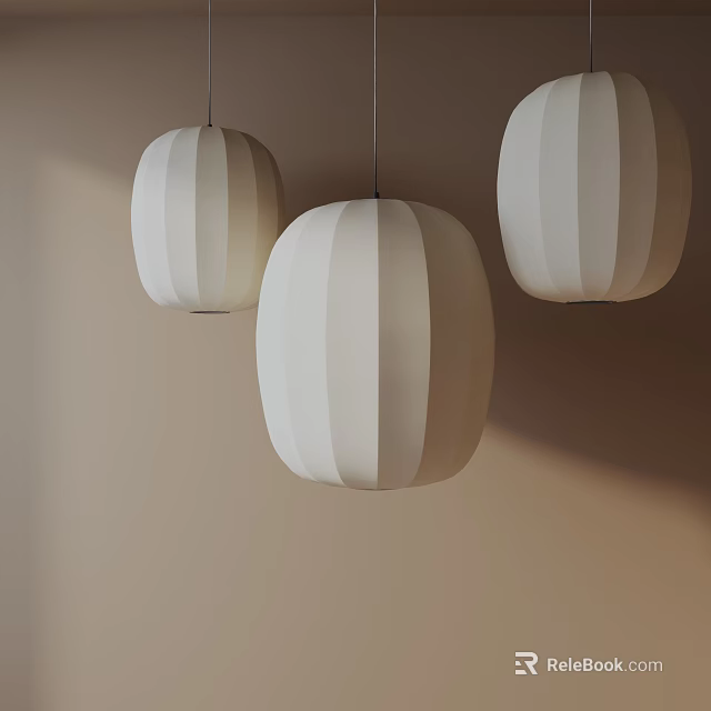 Three White Striped Pendant Lights Hanging Against Beige Wall Modern Design 3d model 