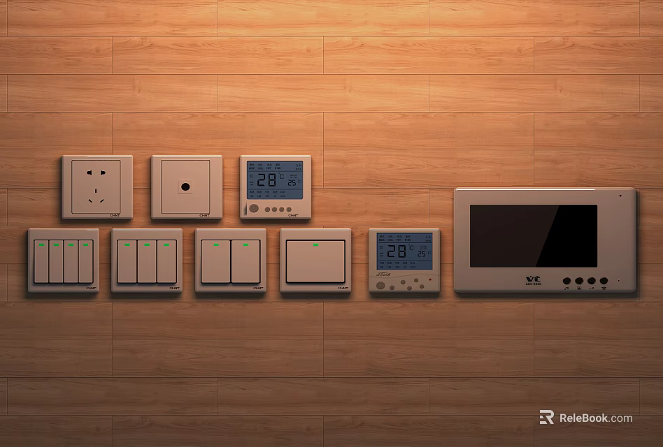 Various Switch Panels With Socket Temperature Display And Screen On Wooden Wall 3d model 
