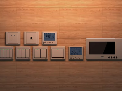 Various Switch Panels With Socket Temperature Display And Screen On Wooden Wall 3d model