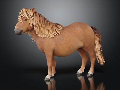Small Brown Horse Figurine with Long Mane Tail and Shiny Surface on Black Background 3d model