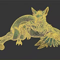 Blue Mythical Creature with Feathered Wings Red Eyes Claws and Long Tail Lying on Dark Background