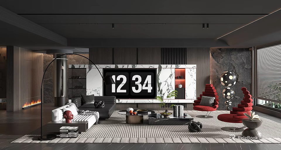 Modern Living Room Interior With Marble TV Wall Gray Sofa Red Accent Chair Coffee Table 3d model 