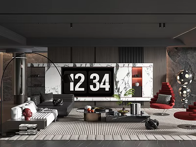 Modern Living Room Interior With Marble TV Wall Gray Sofa Red Accent Chair Coffee Table 3d model