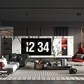 Modern Living Room Interior With Marble TV Wall Gray Sofa Red Accent Chair Coffee Table